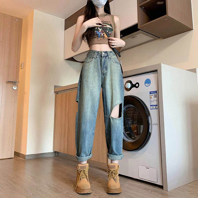 破洞伦仔裤女2夏季T0864026新款复哈古高腰显瘦大尺码牛胖mm老爹