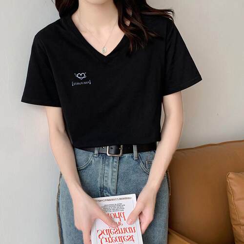 克L19172F莱因蓝V领短袖女T恤版2025季新款韩宽松纯棉印花半袖夏T