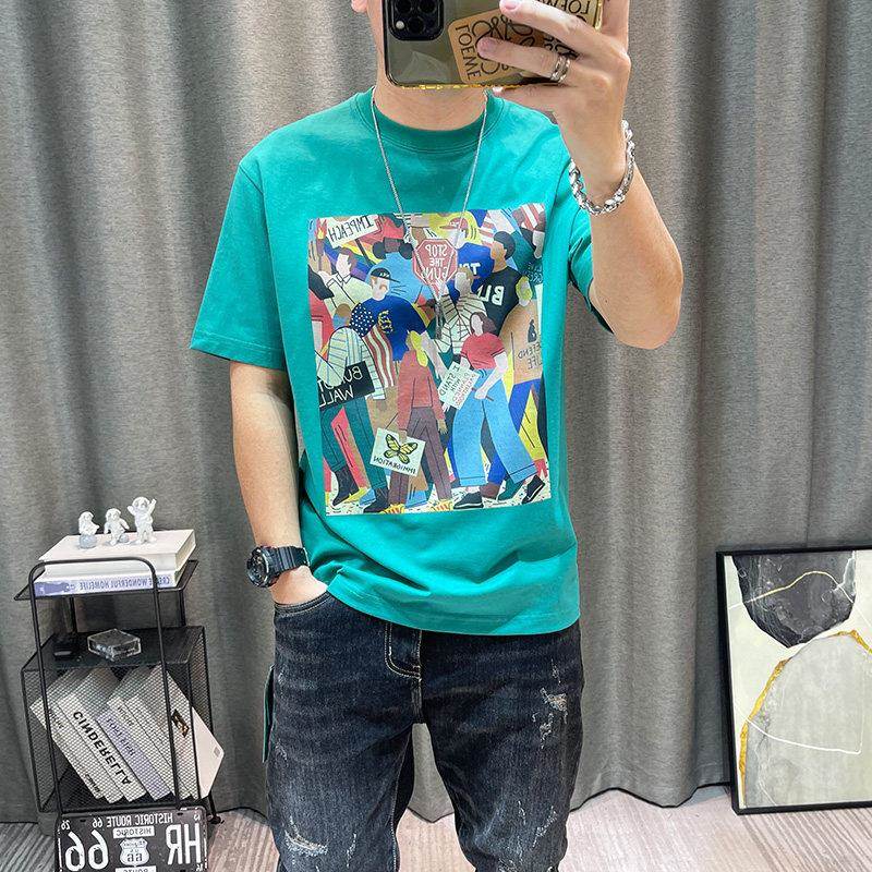 潮牌高端男夏季新款上衣宽松青年半袖纯棉男装卡通印花短袖T恤衫