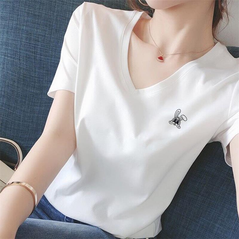 韩系2025新款纯棉V领正肩短袖t恤女时尚百搭减龄显瘦白色上衣夏季