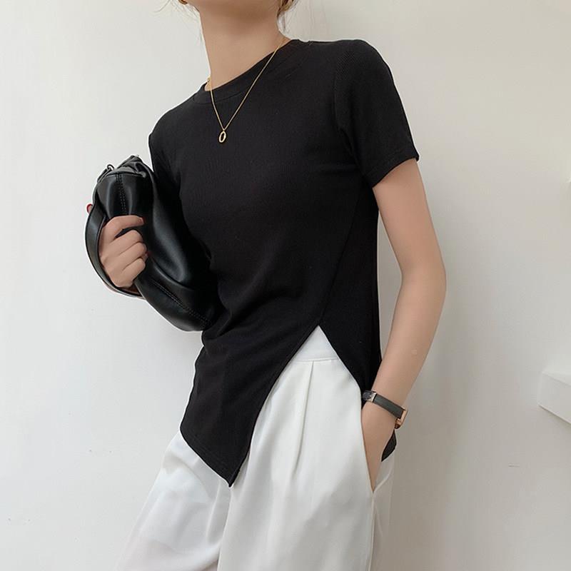 韩国202夏侧开叉不感规则短恤款修身显541684瘦T女短袖6黑色设计