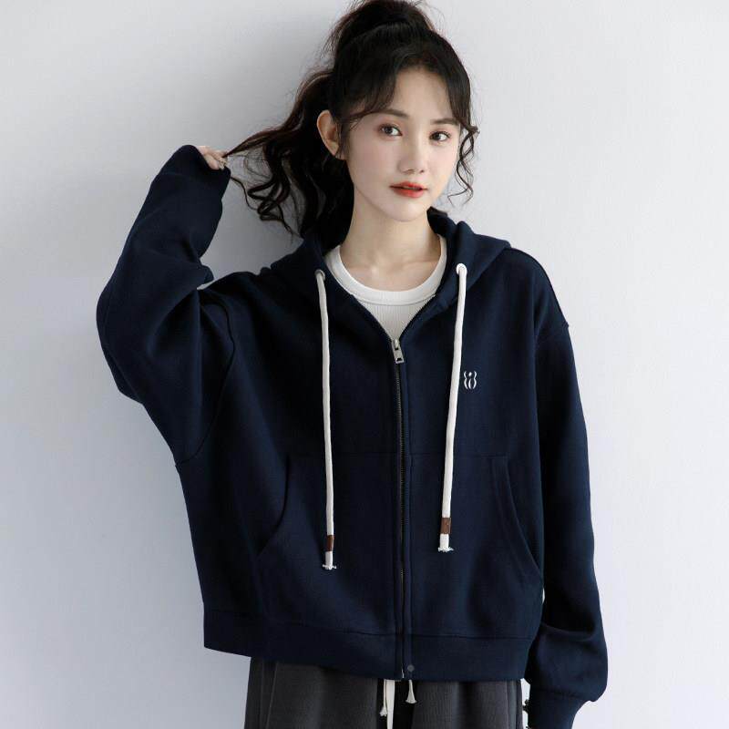 LXK韩国2025新款炼藏外蓝色连帽卫衣套女秋拉开衫休闲短款上衣春