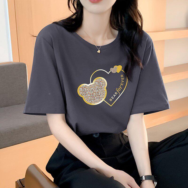 潮正牌夏季纯棉宽短袖t爱恤女装流松行新款20220724心印花T恤上衣