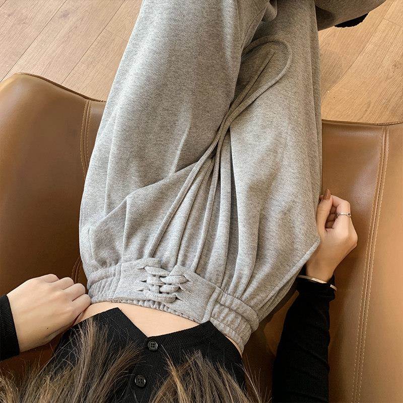 灰色高阔腰显瘦腿裤女夏春T7451秋026新绑带直筒拖地垂感休闲运2