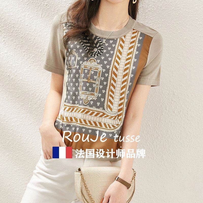 法国72375286Rouj tuss气e质印花真丝拼接针T恤女夏圆织领短袖宽