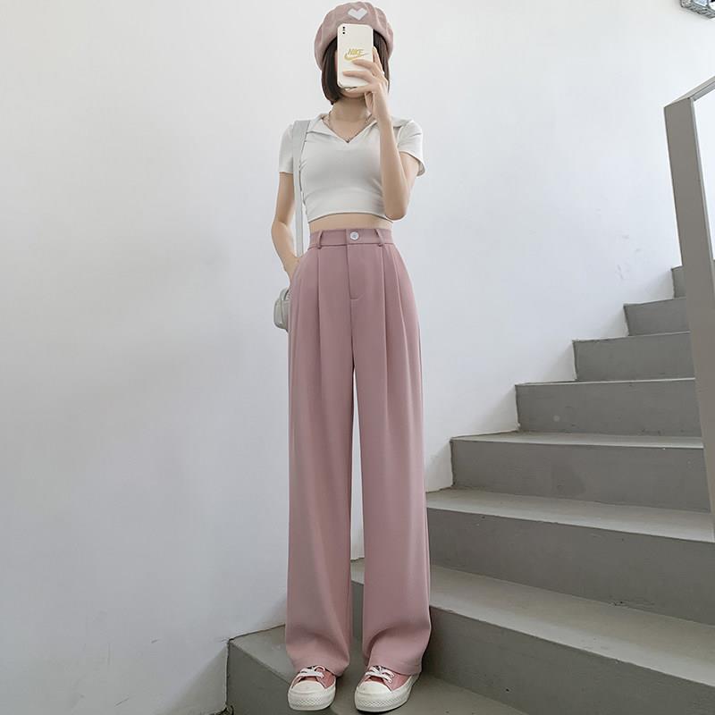 韩国粉色YZU高级腰西装裤女季薄款2025新款休闲版阔夏窄腿裤高感
