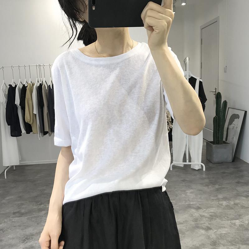 亚麻短袖白T恤衫女薄款上衣夏版圆领宽WMK松透气打底复棉麻韩古体