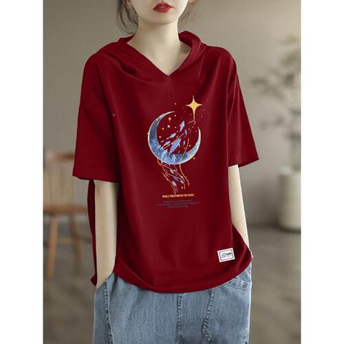 蓝连色帽短T袖tA42565恤女文2026新款夏季艺印花纯棉恤V领半袖复