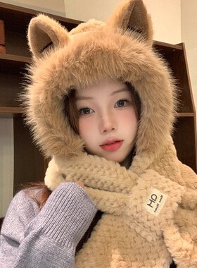 小狐狸耳朵毛绒帽子女冬季围巾一