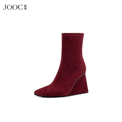 【智感翻红】JOOC玖诗时尚红色高跟短靴女秋冬新款增高复古时装靴