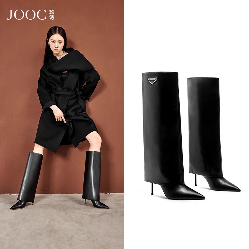 JOOC玖诗小牛皮高筒靴秋冬新款尖头细高跟长筒靴气质真皮女鞋