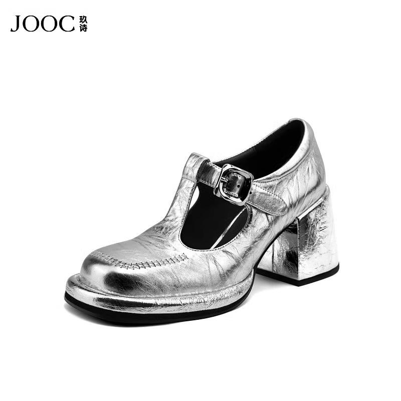 JOOC玖诗玛丽珍鞋女新款复古粗跟小皮鞋百搭气质浅口高跟鞋7364