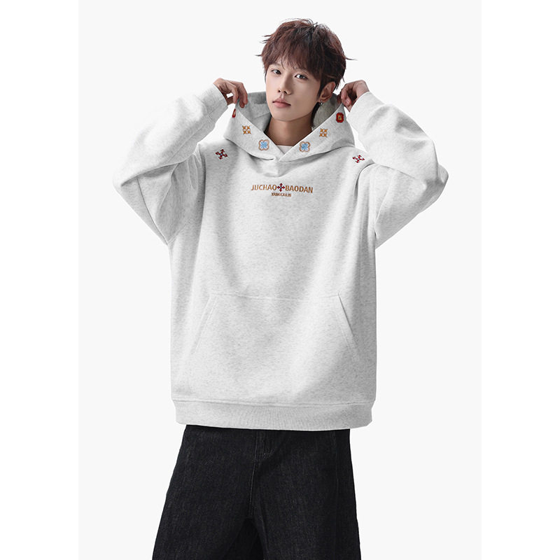 美式潮牌复古字母刺绣连帽卫衣男2026春秋新款宽松慵懒风情侣上衣