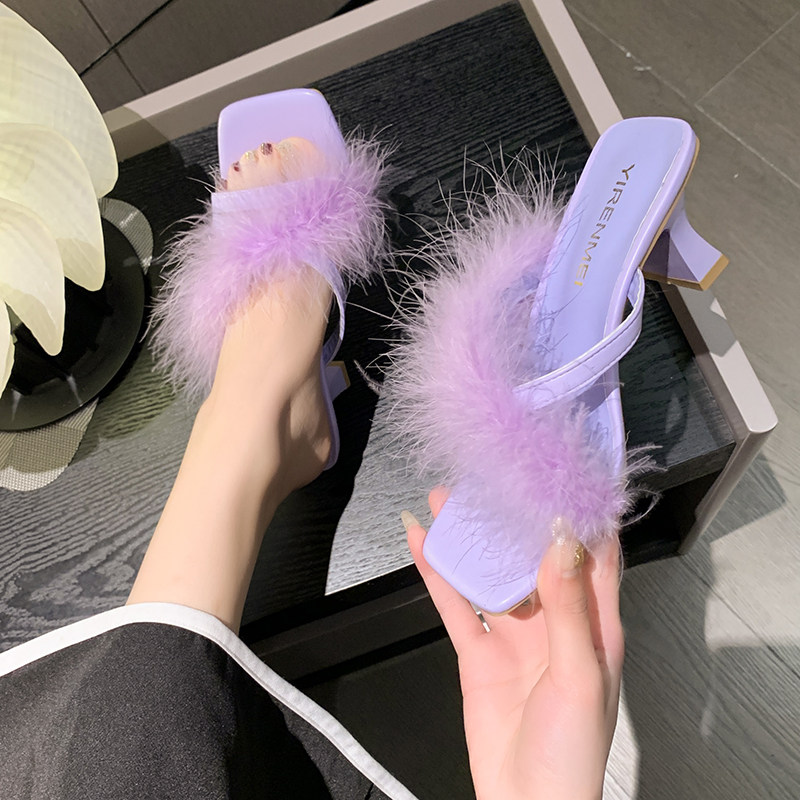 带毛毛的拖鞋女夏外穿时尚方头粗跟高跟鞋紫色试衣一字拖百搭凉拖,女鞋,毛毛鞋,淘宝优惠券,粉丝福利购,淘宝优惠卷