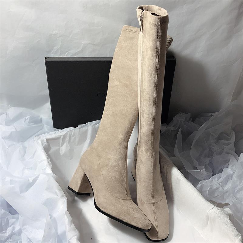 秋冬季长靴长筒过膝靴粗跟高跟方头高筒靴黑色瘦瘦靴时装靴弹力靴