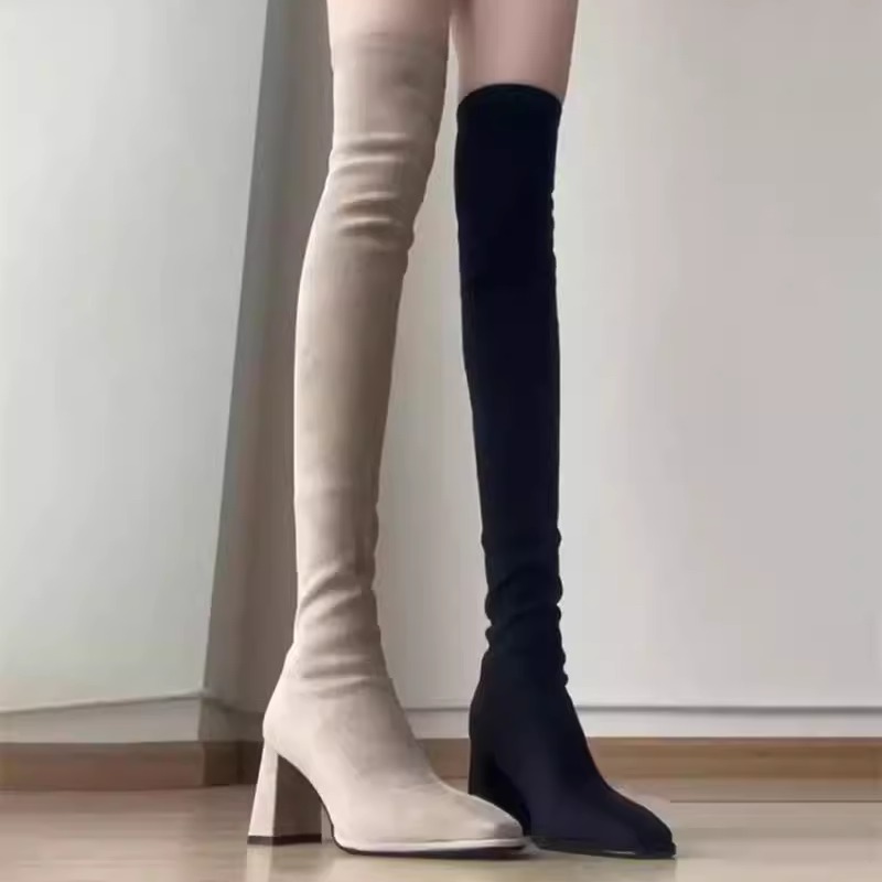 秋冬新款长靴长筒过膝靴粗跟高跟高筒靴百搭黑色瘦瘦靴时装弹力靴