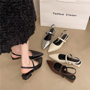 夏季新款包头凉鞋一字带浅口尖头低跟粗跟高跟鞋仙女风配裙子女鞋
