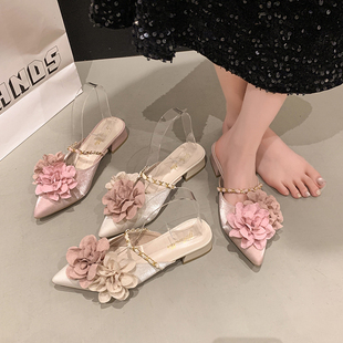 试衣凉拖鞋 穆勒鞋 女夏外穿花朵绸缎尖头低跟粗跟高跟鞋 包头半拖鞋
