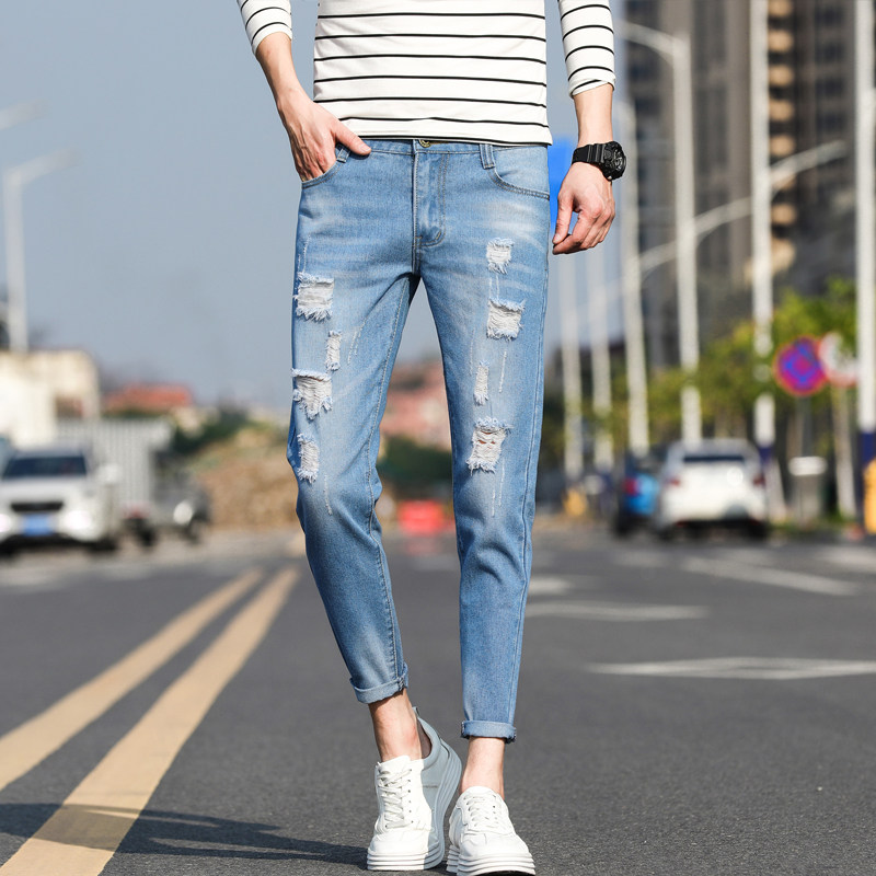 现货主推破洞牛仔裤九分裤男女中性宽松乞丐裤夏薄K66-P28,男装牛仔裤,星座205-2