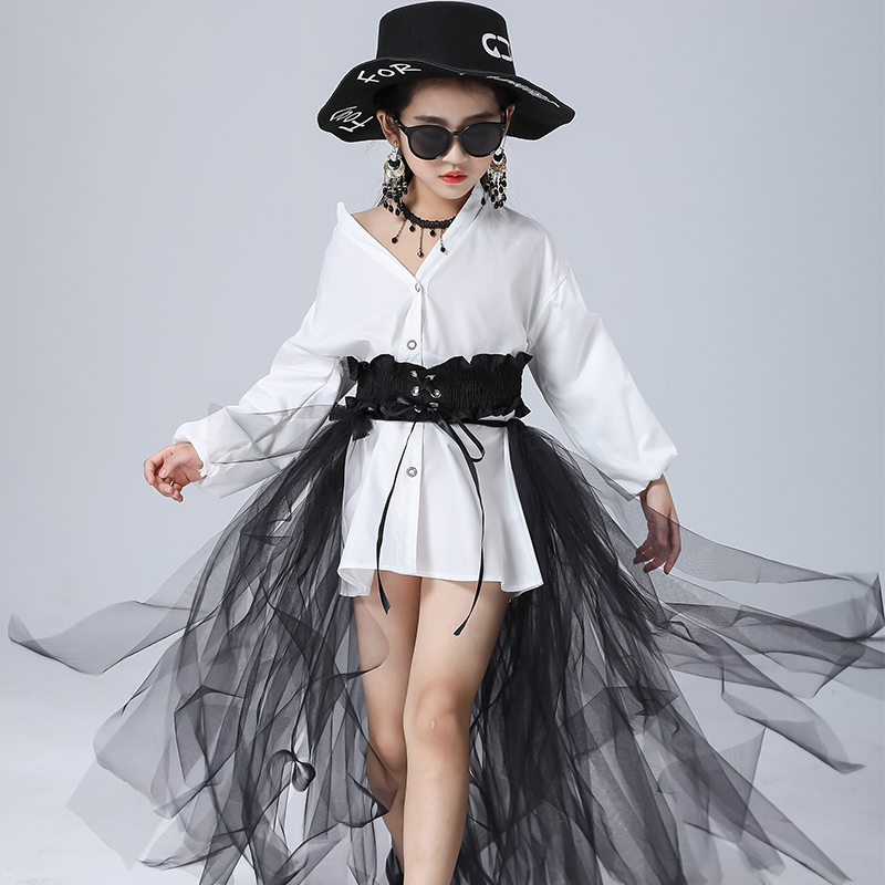 女童潮服露肩套装拖尾儿童走秀车模时尚个性演出服模特时装秀洋气