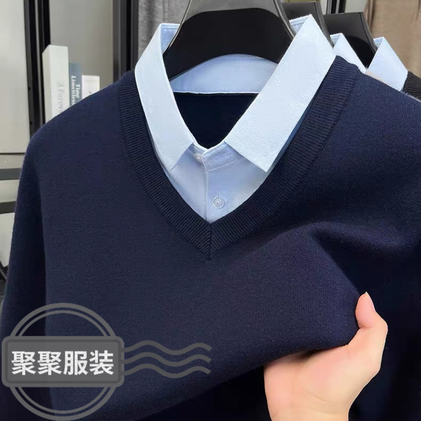 恒源祥正品秋冬一体绒加绒加厚600克毛衣男针织假两件衬衫领纯色