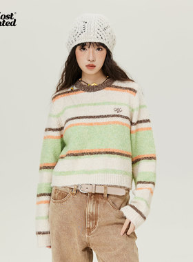 mostwantedlab 撞色条纹毛绒圆领长袖毛衣24秋冬