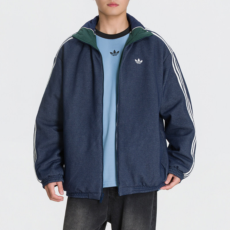 正品Adidas阿迪达斯三叶草男新款立领LOGO双面保暖休闲棉服KX4901