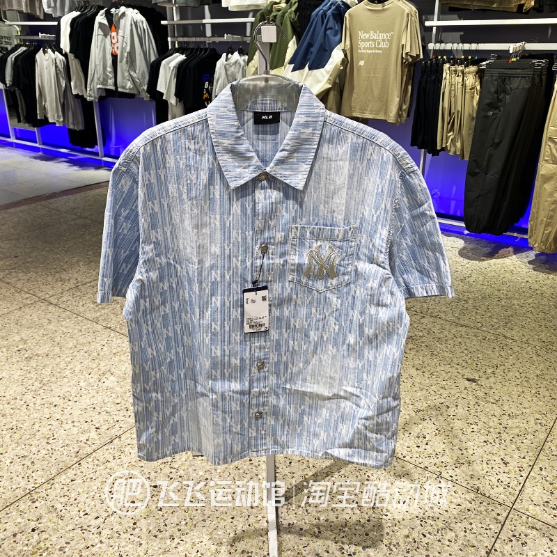 正品MLB男女翻领牛仔短袖衬衫