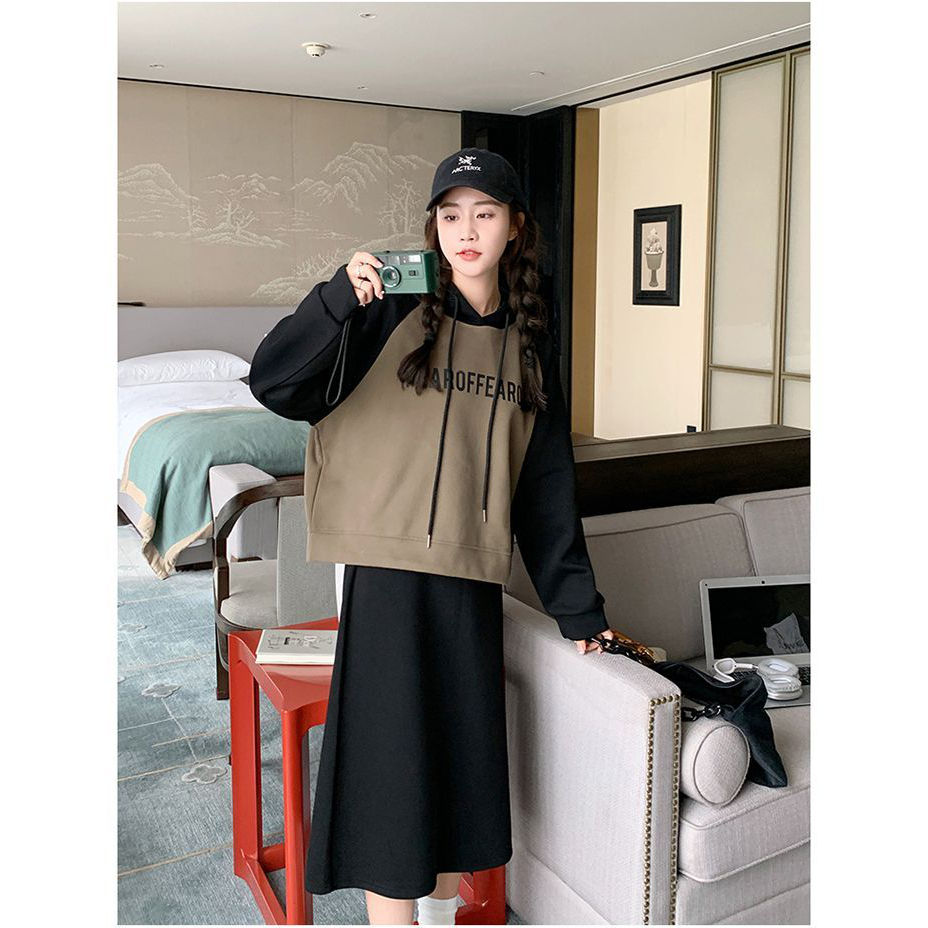 加绒卫衣+半身裙套装卫衣开叉裙两件套拼接时尚卫衣套装女跑步服