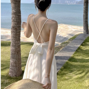 海滩小姐白色沙滩裙女海边度假超仙拍照吊带裙性感露背连衣裙女装