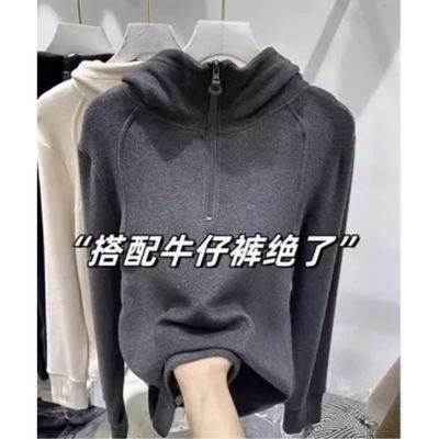 欧货纯色半拉链加绒连帽卫衣女秋冬设计感打底衫上衣帽衫2025新款