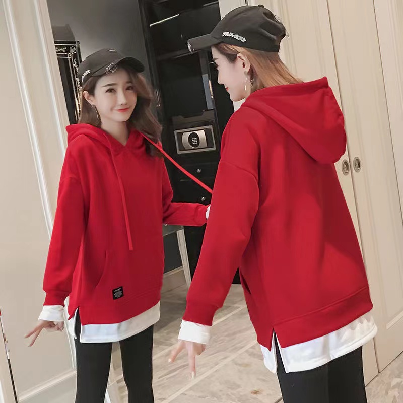 假两件拼接加绒卫衣女士2025新款洋气宽松连帽外套中长款上衣秋冬