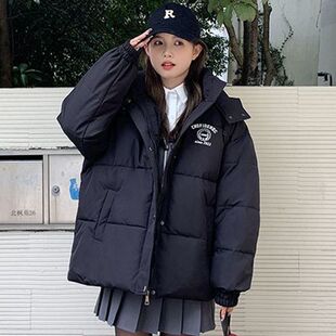 冬季羽绒棉服女黑色短款宽松大码学院风外套秋冬加厚保暖学生棉袄