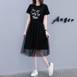 棉t恤女小众夏网纱连衣裙 ins洋气印花字母中长款 2020大码 宽松短袖