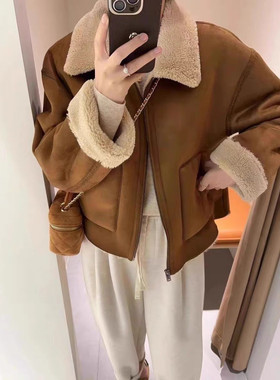 新款欧货高级感皮毛一体羊羔毛外套女秋冬加厚翻领机车服夹克上衣