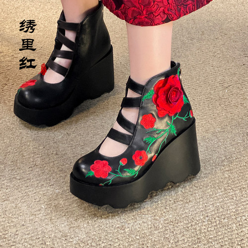绣里红【繁花】春夏民族国风刺绣玫瑰花真牛皮厚底坡跟增高女单鞋
