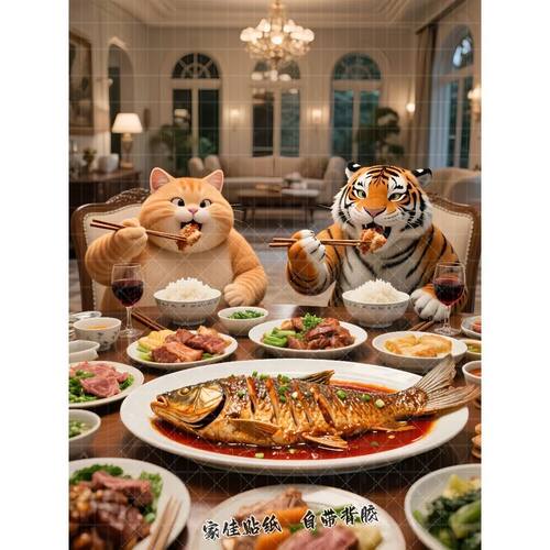爆款橘猫和老虎吃大餐仿真装饰画室内客厅餐厅出租屋墙上防水自粘