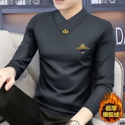 男士v领长袖t恤男春秋季2025新款红色打底衫上衣潮流休闲纯棉卫衣