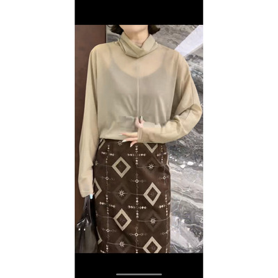 通勤风高领网纱薄款打底衬衫女