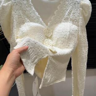 钩花镂空显瘦打底衫 法式 女2025秋冬新款 蕾丝衬衫 上衣 V领加绒长袖