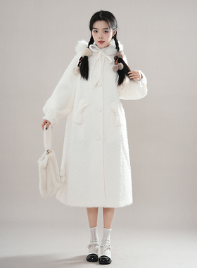 白色小熊 甜美学院风设计感毛呢外套秋冬新款氛围感中长呢子大衣