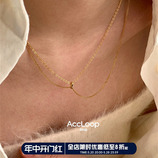 锁骨链 accloop 双层不对称设计项链自由调节时髦钛钢金色叠戴细款