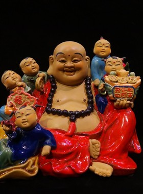 推荐五子登科多仔佛红袍送宝宝家居博古架摆件新婚送礼石湾陶公