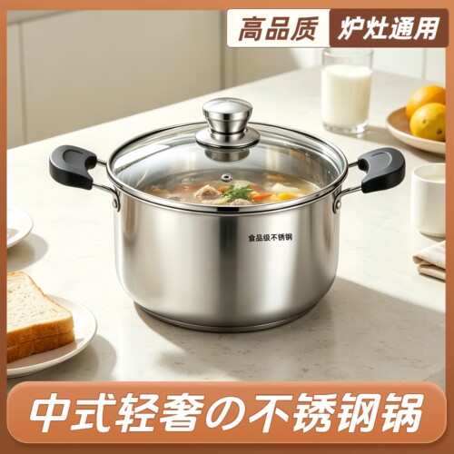 【正品】2026新款蒸煮炖汤锅不锈钢锅蒸锅家用煮粥煮面燃气电磁炉