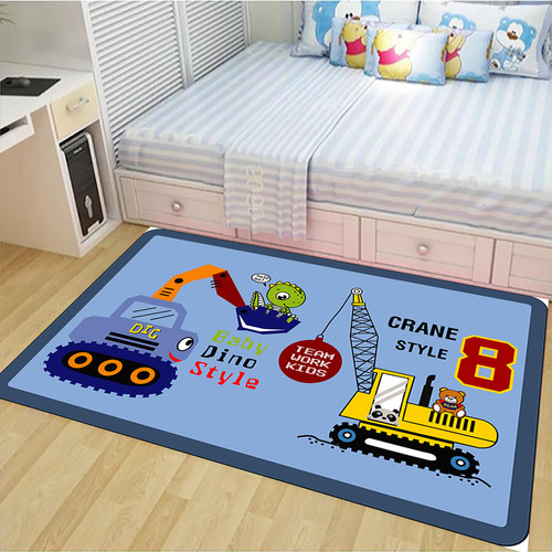 卡通工程小汽车挖掘机图案床边毯