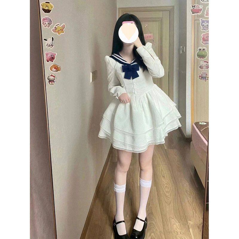 子女连衣裙法式jk白色领2025蝴蝶结海军秋装初恋新款学院风甜美