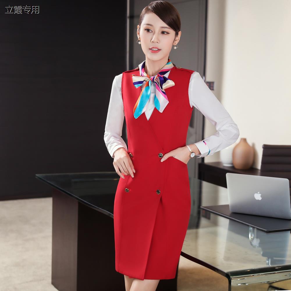 新款无袖连衣裙套装职业马甲背心裙工装女酒店珠宝店美容师工作服