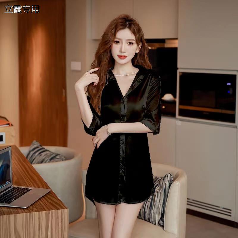 性感柔式衬衫裙女中长版夜场洋装遮肚显瘦洗浴场足浴技师工作服