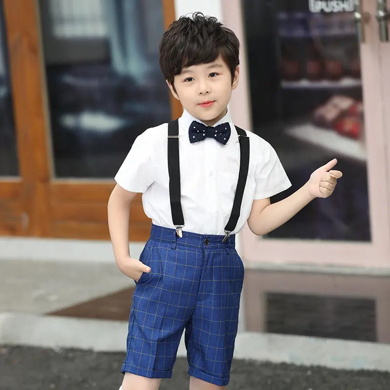 儿童礼服男童钢琴演出合唱小花童纯棉背带裤套装男孩主持人走秀