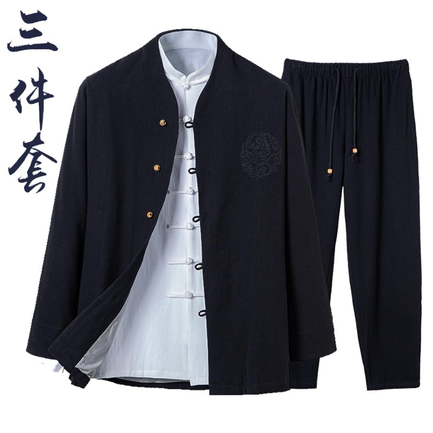 汉服男士亚麻三件套中国风复古